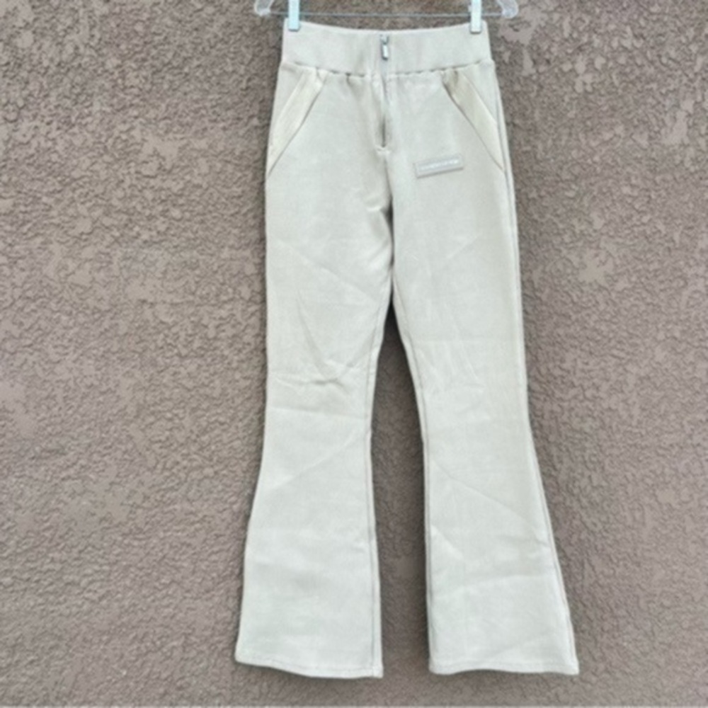 Maniere De Voir Womens Pants Wide‎ Leg Rib Knit Flare Neutral Light Academia